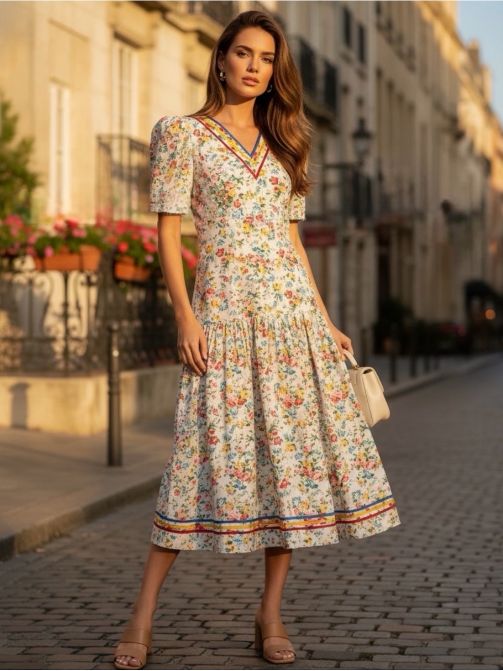 Vintage 80 Go Vicki Floral Prairie Midi Dress Drop Waist Puff Sleeve Cottagecore